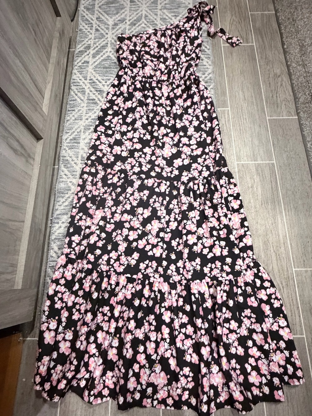 One-Shoulder Black Floral Maxi Dress with Pink Blossoms (NEW)